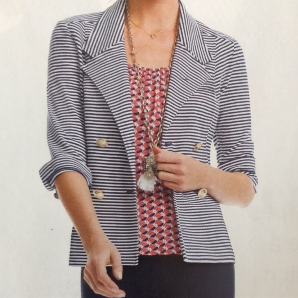 Cabi Pont Knit Navy Blue & White Stripe Double Breasted Nautical Jacket Blazer